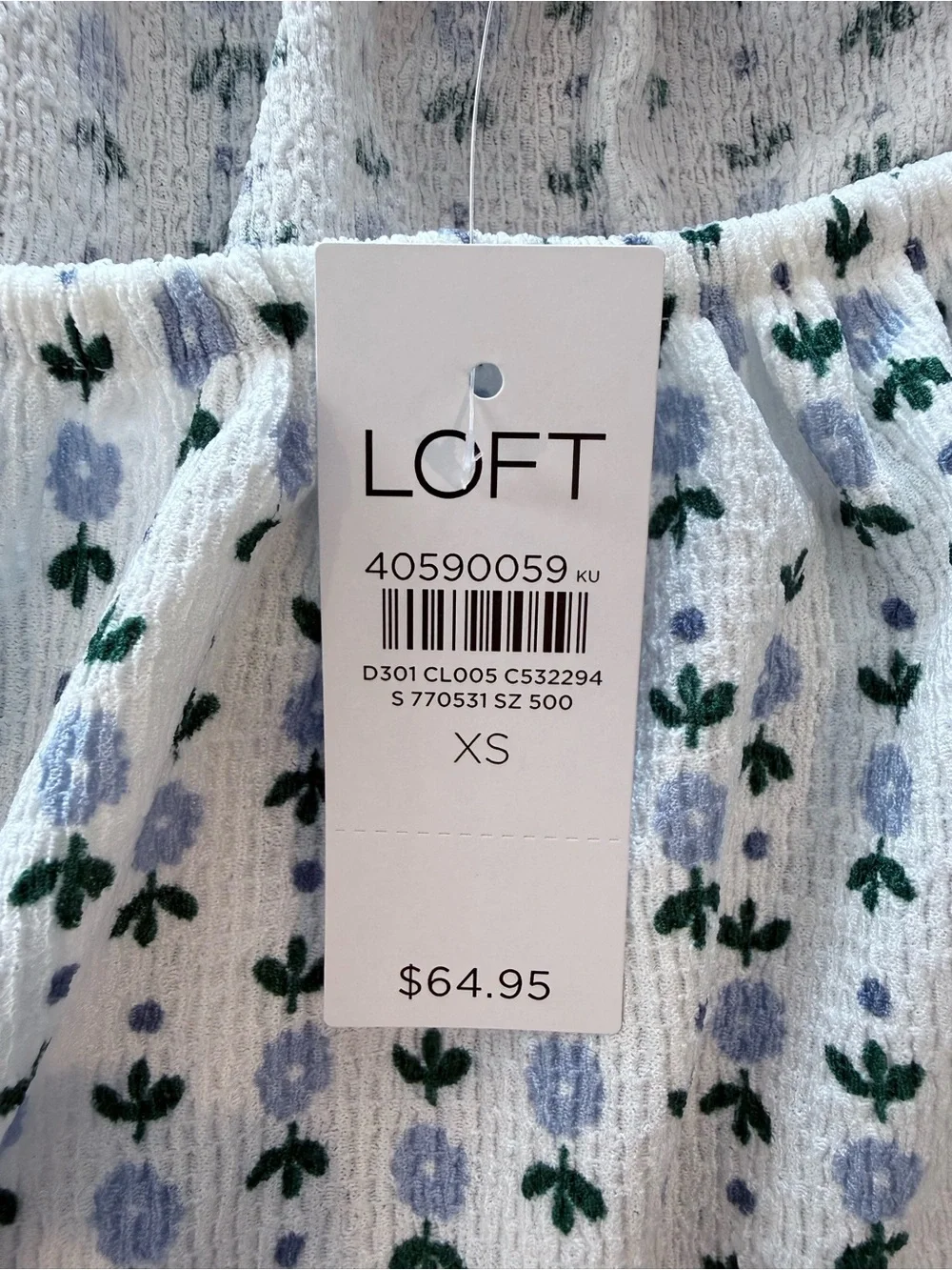 LOFT White Floral Puff-Sleeve Blouse with Blue & Green Print